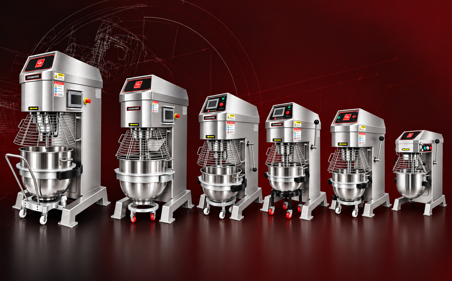 CHAMUNDE CPM planetary mixers, 12 to 140 litres, lined up smallest to largest
