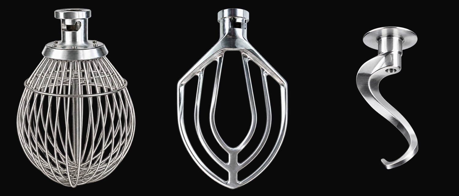 Wire whip, flat beater and kneading hook for CHAMUNDE CPM planetary mixers