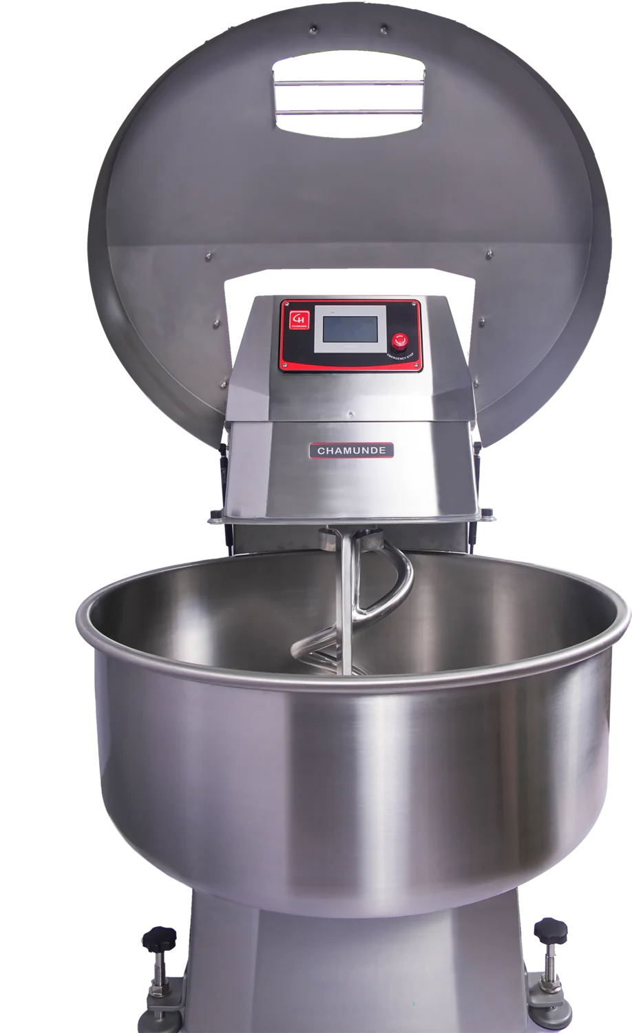 CHAMUNDE CSM spiral mixer with the bowl guard raised, showing the spiral tool and centre breaker bar