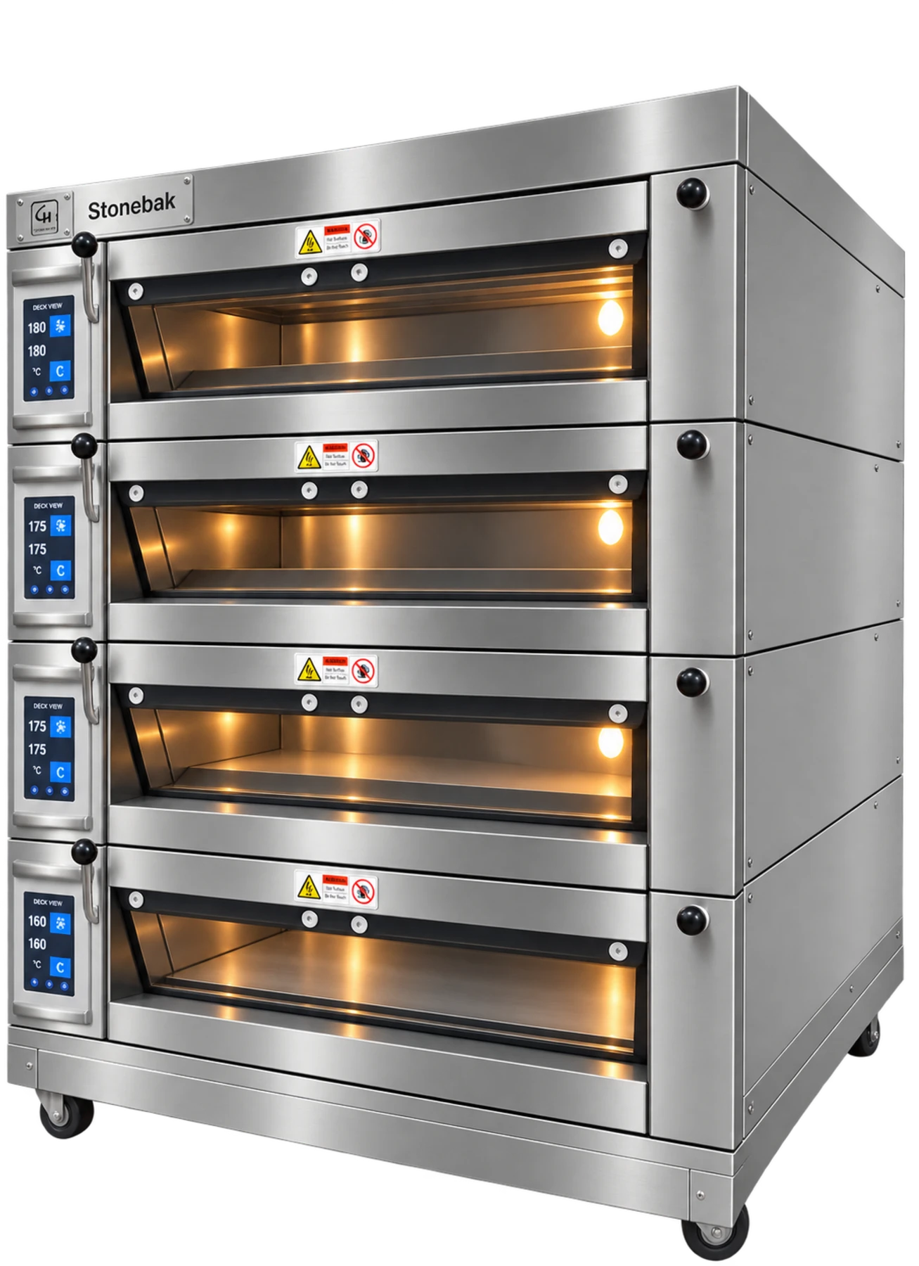 StoneBak four-deck oven, empty chambers lit